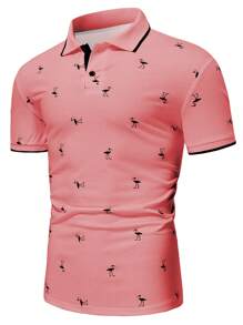 Manfinity Homme 男士夏季休閒火烈鳥印花短袖Polo衫 - 西瓜粉 - 查看 4