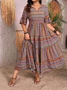Breezaya Plus Size Women Vacation Bohemian Floral V-Neck Long Elegant Flare Sleeve Dress With Notched Neckline, For Christmas Maxi Women Outfit