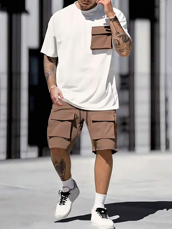 Manfinity Homme Set de două piese tricou cu mânecă scurtă și pantaloni scurți cargo pentru bărbați