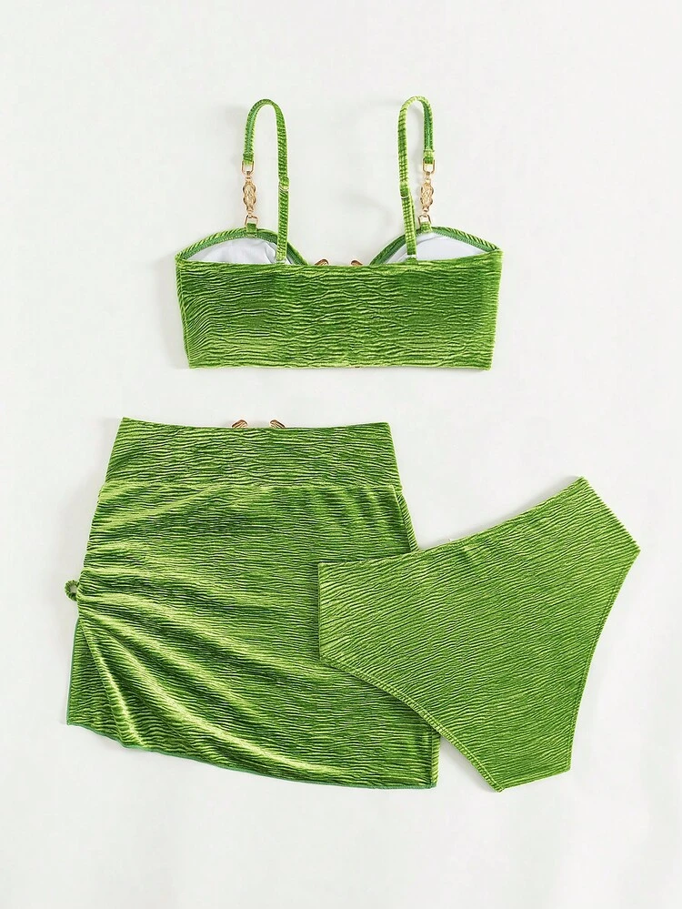 Teen Girl Velvet French Style Bikini Set With Spaghetti Straps, Metallic Pendant And Candy-Colored Design