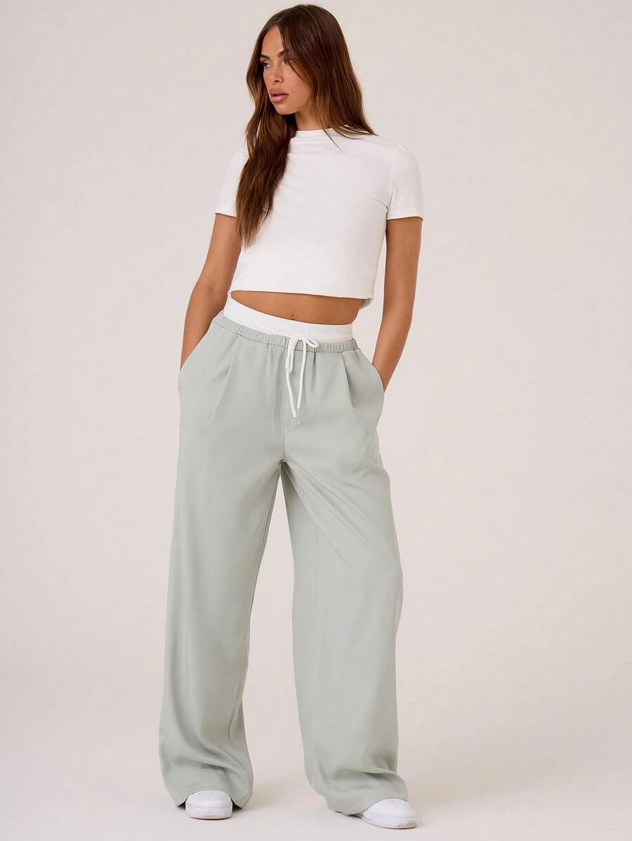 MUSERA Woven Contrast Waistband Tailored Trousers Summer Solid Color Loose Fit Pants Old Money Work Office Fall Autumn Winter Back To School Fall Autumn Winter - Green - View 1