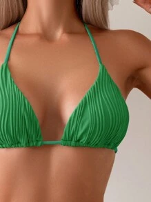 SHEIN Swim 女性夏季海灘實色假期風格頸掛比基尼上衣和系側比基尼下身套裝，特殊面料 - 綠色 - 查看 4