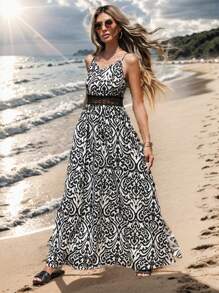 SHEIN VCAY Phụ Nữ Mùa Hè Lớn Đầm Chữ A Váy Đầm Kỳ Nghỉ In Hoa Miếng Dán Cường Lực Móc Ren Cami Đầm - Nhiều màu - Xem 1