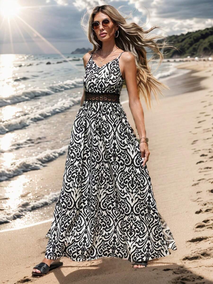 SHEIN VCAY Phụ Nữ Mùa Hè Lớn Đầm Chữ A Váy Đầm Kỳ Nghỉ In Hoa Miếng Dán Cường Lực Móc Ren Cami Đầm - Nhiều màu - Xem 1