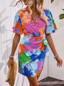 Breezaya Robe d'été élégante pour femmes avec imprimé floral, col en v avec volants à manches courtes, lien à la taille, pour les vacances - Bleu azur - Voir 1