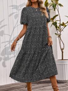 EMERY ROSE 波尔卡圆点印花分层泡泡袖连衣裙，宽松休闲教师连衣裙，黑色优雅连衣裙长款女装 - 彩色 - 查看 7