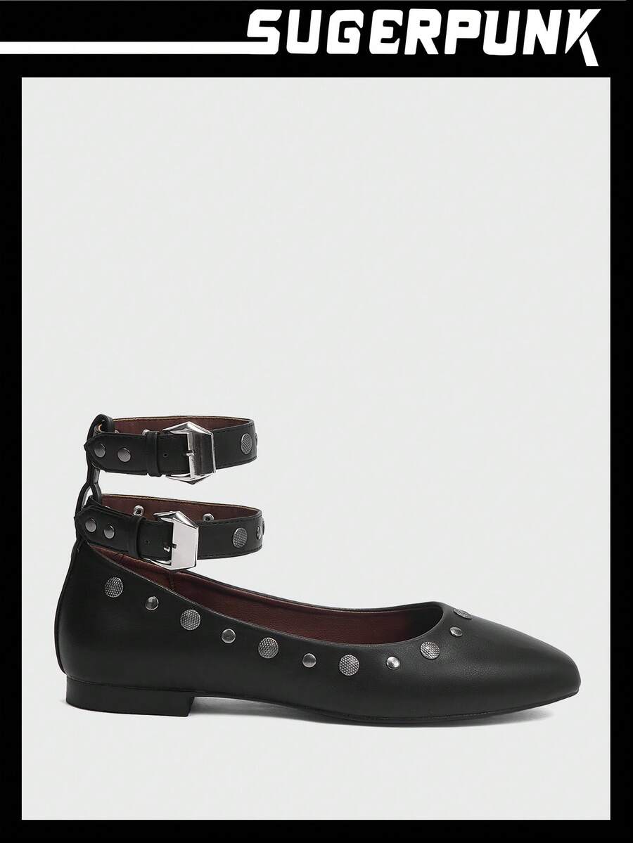 Sugerpunk 鉚釘瑪麗珍平底鞋，時尚休閒女鞋，便攜式奶奶鞋，夏季芭蕾舞方頭鞋 - 黑色 - 查看 1