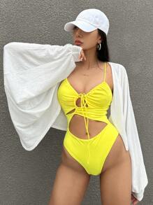 DAZY Women Solid Color Batwing Sleeve Casual Holiday Kimono Cover Up - White - View 4