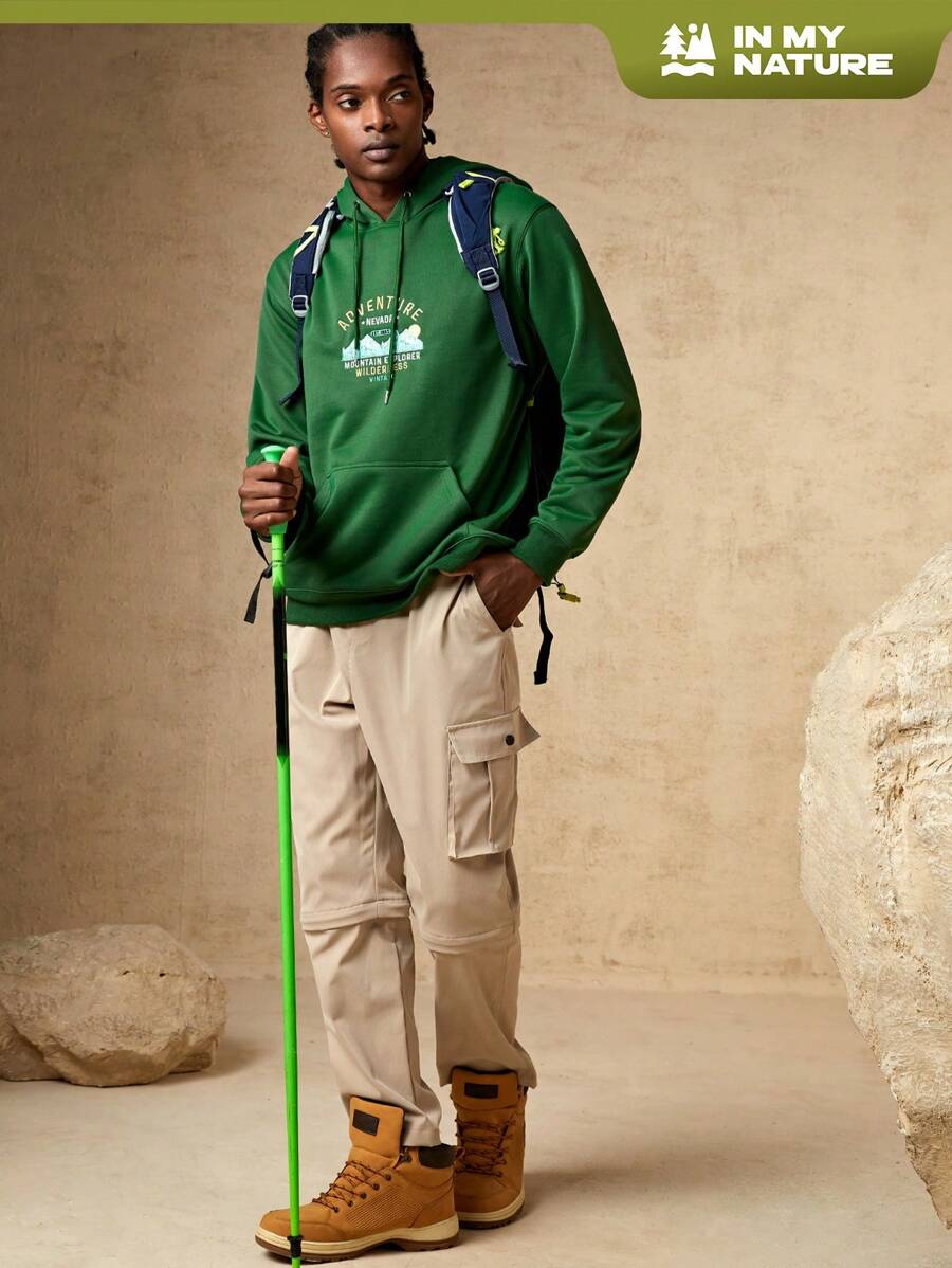 In My Nature Men Letter Graphic Drawstring Hoodie - Army Green - View 1