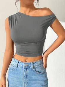 SHEIN EZwear Top corto de verano para mujer con cuello asimétrico, unicolor, pliegues y corte ajustado - Gris - Ver 4