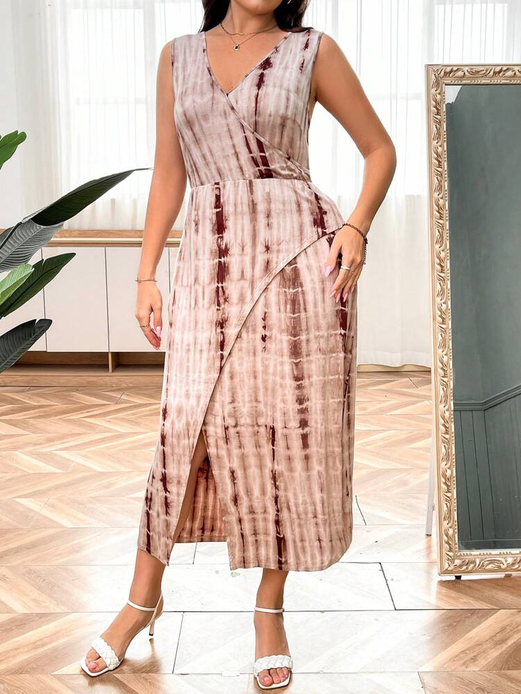 Plus Size Women Tie-Dye Print Wrap Design Sleeveless Dress With Asymmetric Hem For Summer