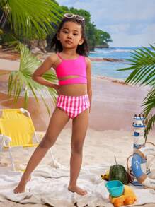 SHEIN 年轻女孩可爱条纹不对称领无袖比基尼套装夏季海滩 - 彩色 - 查看 3