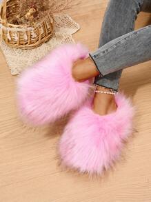 Pantuflas esponjosas para mujer, forradas térmicamente para primavera 2025, zapatillas de estar por casa antideslizantes y cálidas, sandalias de moda de piel sintética de talla grande para uso en exteriores