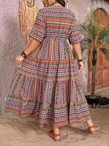 Breezaya Plus Size Women Vacation Bohemian Floral V-Neck Long Elegant Flare Sleeve Dress With Notched Neckline, For Christmas Maxi Women Outfit