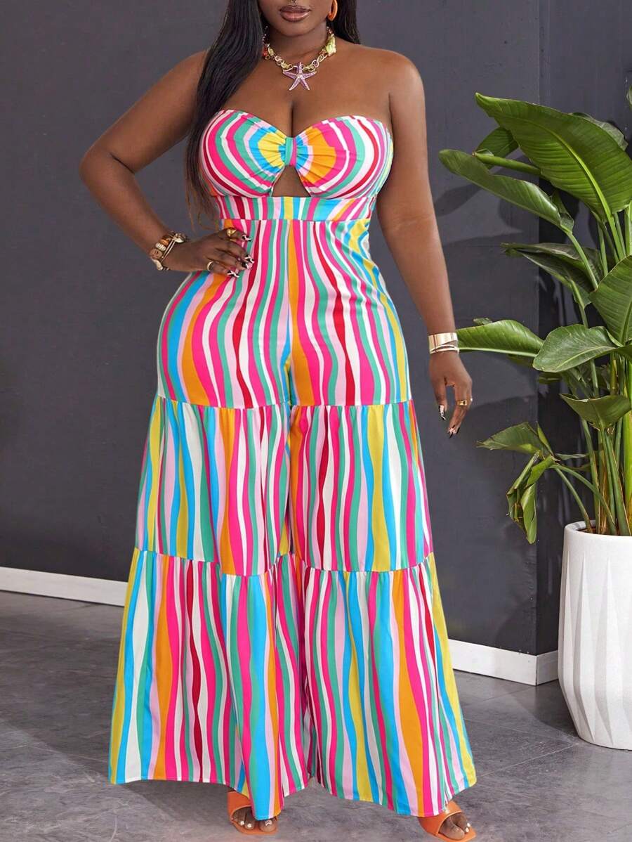 Slaydiva Plus Size Women Colorful Striped Print Halter Neck Hollow Out Wide Leg Woven Jumpsuit For Summer - Multicolor - View 1