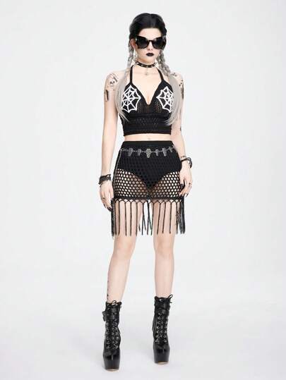 Goth Summer Crochet Low-Waist Imitated Hollow Out Tassel Knitted Skirt For Women