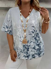 EMERY ROSE Plus Size Nữ Kỳ nghỉ hè Phong cách Cổ chữ V Loose Fit Áo sơ mi in hình thực vật - Xám - Xem 3
