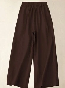 Women's Casual Button Decorated Wide Leg Pants, Non-Stretch, Comfortable & Versatile - Coffee Brown - View 3