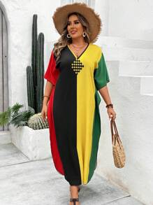 SHEIN VCAY Plus Size Women Boho Summer Vacation Color Block V Neck Batwing Sleeve Loose Long Casual Dress - Multicolor - View 6