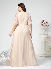 SHEIN Belle Ladies Elegant Khaki Chiffon Deep V-Neck Bridesmaid Dress In Plus Size, Features Cross-Front Draping, Pleating, Cold-Shoulder Lantern Sleeves And A-Line Dress For Wedding And Other Formal Occasions
