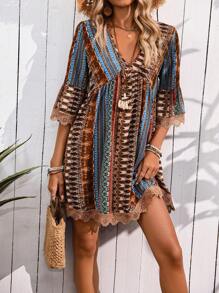 SHEIN LUNE Women Vacation Loose Floral Print V-Neck Ruffled Sleeve Dress