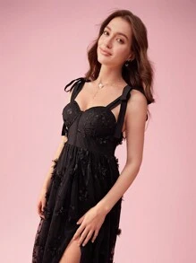 Enchnt Women Summer Elegant Spaghetti Strap Dress With 3D Floral Decoration, Mesh Contrast And Ruffled Hem