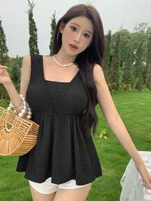 Dazy Designer Áo ba lỗ vải không tay màu trơn cho nữ - màu đen - Xem 3