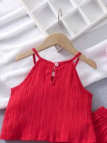 SHEIN Young Girl Summer Solid Color Ruffle Hem Cami Top And Wide Leg Pants Loose Two Pieces Set Red Young Girl Set - Red - View 4
