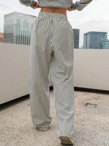 DAZY 女士束腰條紋長褲 - 藏蓝色 - 查看 5