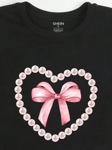 SHEIN EZwear 女士休閒短袖T恤，配有蝴蝶結、珍珠和心形印花，適合夏季 - 黑色 - 查看 3
