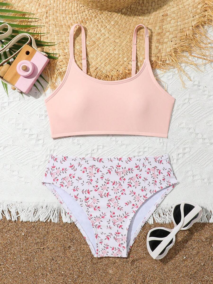 Tween Girl Bikini Set With Random Print - Pink - View 1