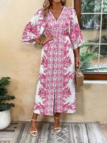 Breezaya Robe de plage longue décontractée pour vacances, imprimé floral, manches chauve-souris, ceinture à la taille, fente, tenue de vacances