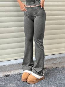 Women's Casual Solid Color Wide Waist Flare Pants, High Waist Pleated Slim Fit Flare Pants - Dark Grey - View 6