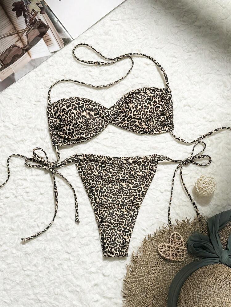 Women Leopard Print Halter Neck Sexy Bikini Set For Vacation, Random Print Summer