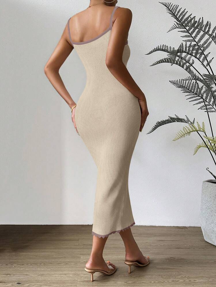Women Colorblock Edge Knitted Sweater Dress With Shoulder Straps