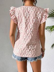 Breezaya Floral Texture Short Flounce Sleeve Casual Top   Women Shirts