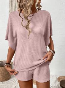 SHEIN LUNE 女士時尚純色短袖上衣和短褲套裝 - 藕粉色 - 查看 6