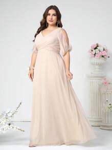 SHEIN Belle Ladies Elegant Khaki Chiffon Deep V-Neck Bridesmaid Dress In Plus Size, Features Cross-Front Draping, Pleating, Cold-Shoulder Lantern Sleeves And A-Line Dress For Wedding And Other Formal Occasions