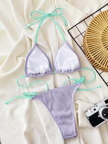 Swim SXY Women Summer Beach Fashionable Contrast Neon Trim Halter Neck Bikini Set