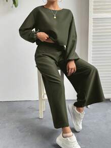 SHEIN Essnce Conjunto casual de 2 piezas con top de manga larga y pantalones de color liso para mujer