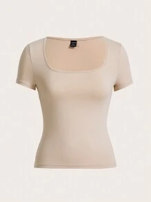 SHEIN EZwear Bộ 3 Áo thun nữ cổ vuông tay ngắn dáng ôm vừa vặn thường ngày, mùa hè - Nhiều màu - Xem 7