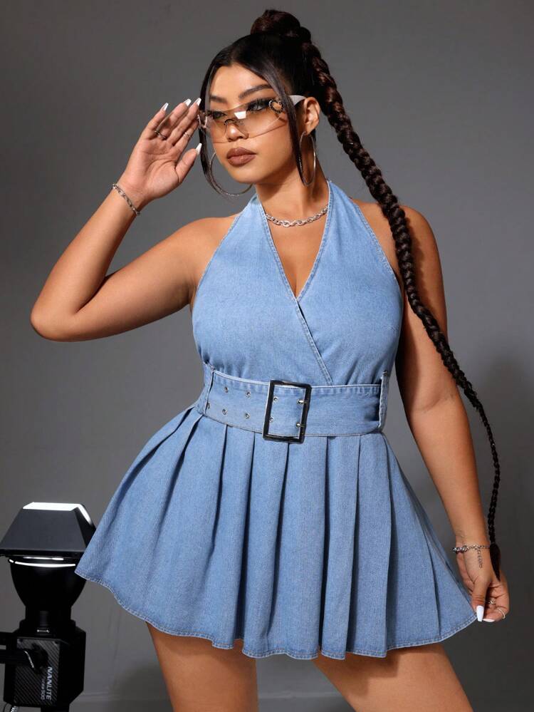 Plus Size Women Simple Casual Belted Denim Dress