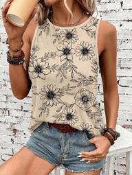 SHEIN LUNE Plus Size Women Floral Print Round Neck Casual Versatile Daily Wear Top Women's Tops Summer Tank For