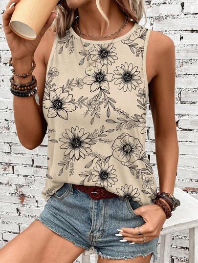 SHEIN LUNE Summer Vacation Floral Printed Sleeveless Round Neck Casual Jumpsuit For Women