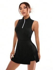 SHEIN Sports فستان رياضي قطعة واحدة بدون أكمام للنساء لاستخدام اليومي والحياة اليومية - الأسود - مشاهدة 6