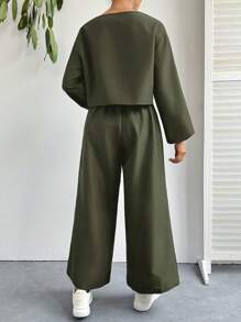 SHEIN Essnce Conjunto casual de 2 piezas con top de manga larga y pantalones de color liso para mujer