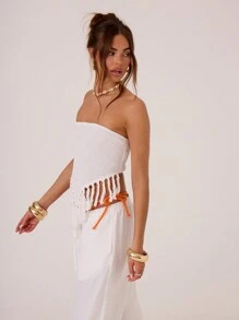 MUSERA Summer Vacation Shirred Tassel Hem Bandeau Top Summer Ibiza