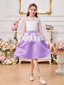 Tween Girl Two-Piece Set Of Round-Necked Lantern-Sleeved Mesh Embroidery Shirt And Detachable Waistband Skirt - Purple - View 3
