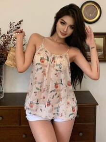DAZY Women Loose Vacation Flower Printed Cami Top - Pink - View 3