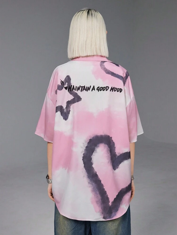 2024 Women Star Paint Spray Effect Gradient Short Sleeve Shirt Streetwear Fashion